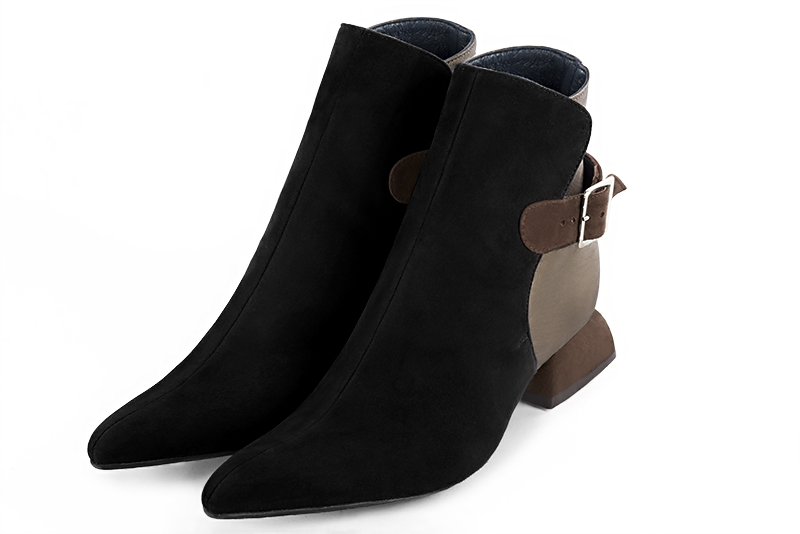 Matt black, bronze gold and dark brown women's ankle boots with buckles at the back. Tapered toe. Low flare heels. Front view - Florence KOOIJMAN